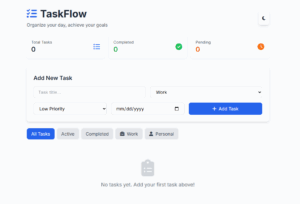 TaskFlow is a clean, responsive, and highly interactive task management application built to help users organize their daily tasks with ease and efficiency. Whether you're managing work projects, personal to-dos, shopping lists, or health-related goals, TaskFlow offers a simple and intuitive interface that makes task management seamless. The UI is developed using Tailwind CSS for rapid styling and modern design practices, combined with jQuery for DOM manipulation and dynamic interactions. It also integrates Font Awesome icons for a visually polished experience. Key features include: 📝 Add and manage tasks with support for titles, categories, due dates, and priorities (low, medium, high). 🔍 Advanced filtering to view tasks by status (all, active, completed) or category (Work, Personal, Shopping, Health, Other). ✅ Task completion toggle using checkboxes, with real-time UI updates and status tracking. 🧮 Dynamic statistics dashboard showing the total number of tasks, completed ones, and those still pending. 🌗 Dark mode toggle, with preferences saved using localStorage, giving users a customizable experience. 📅 Smart date display – tasks due today or tomorrow are automatically labeled, improving clarity. 💾 LocalStorage-based persistence, ensuring that all tasks are saved even after refreshing or closing the browser. 🚮 Delete functionality with confirmation, helping users maintain a clean and organized list. The app also includes subtle animations, hover effects, and success notifications to enhance the user experience and keep the interface feeling modern and engaging. Perfect for individual users, productivity tools, or as part of a larger project, TaskFlow showcases a solid front-end structure, UI best practices, and thoughtful UX design — all in a single-page app.